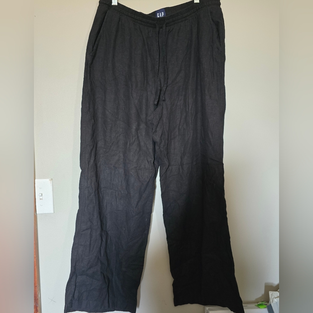 GAP Black Women's Drawstring Linen-Blend Wide Leg Pants